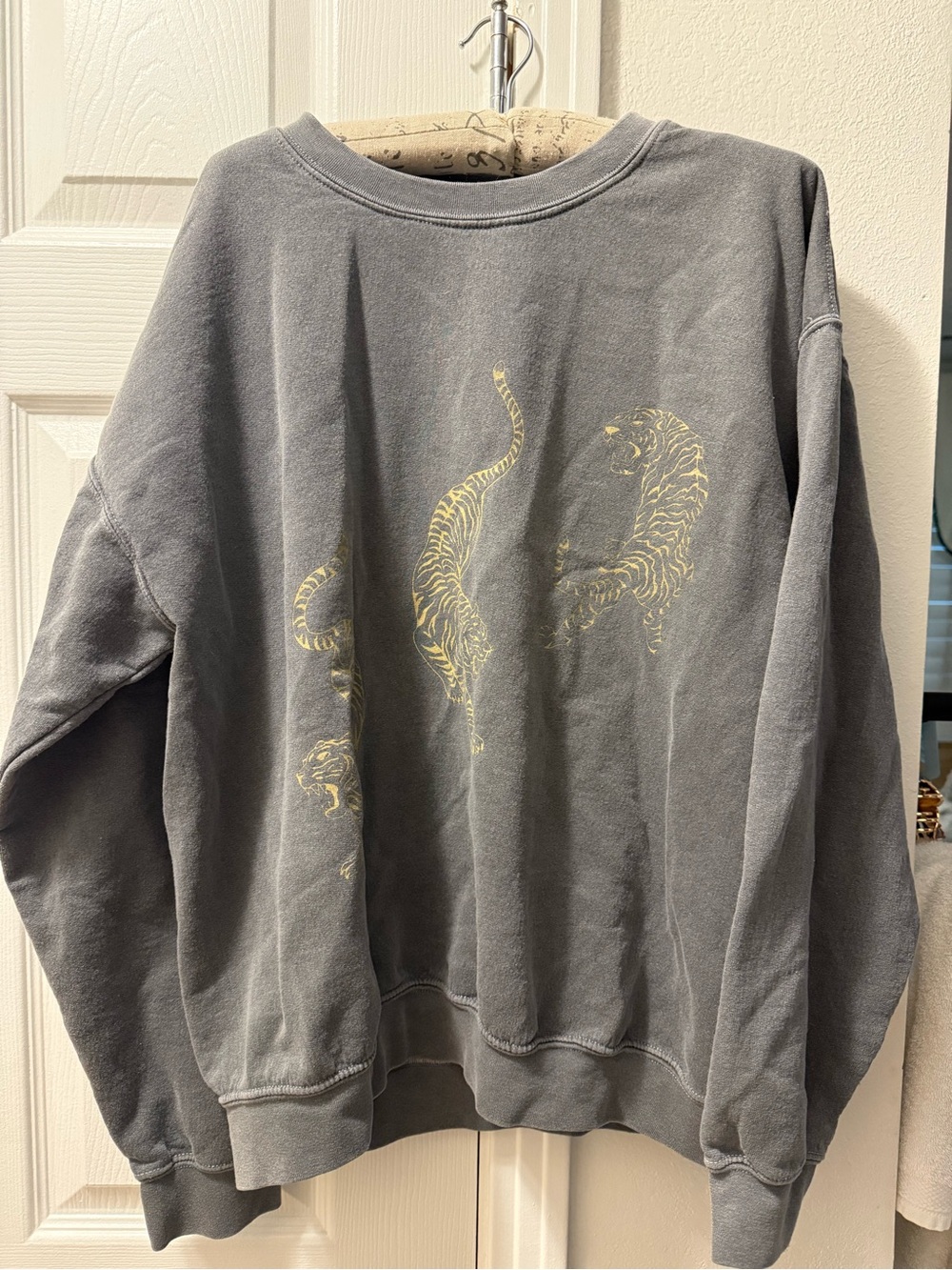 Project Social T Gray Crewneck Sweatshirt with Gold Tiger Graphics